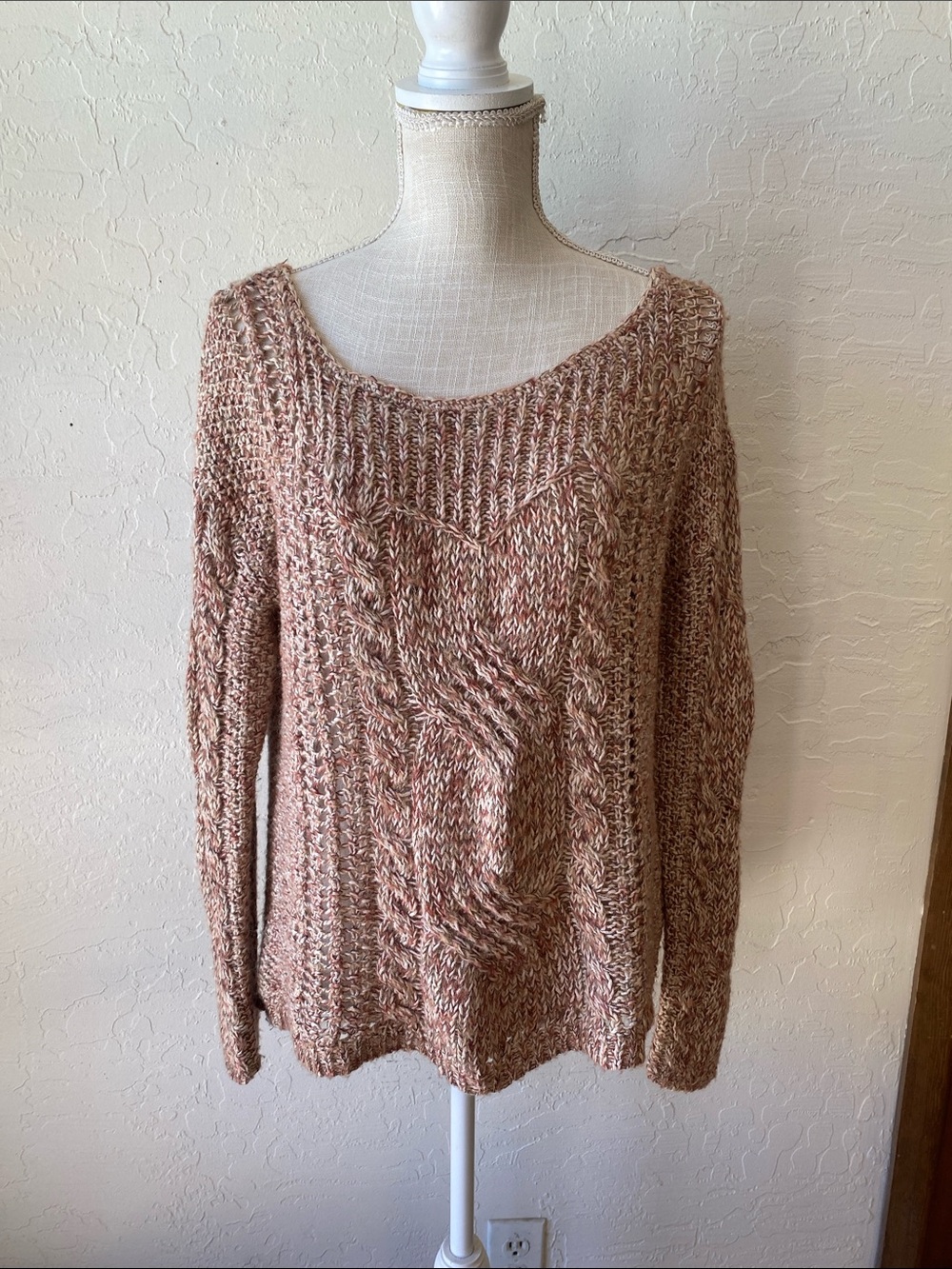 Free People Marled brown and Cream Cable knit Scoop neck Sweater